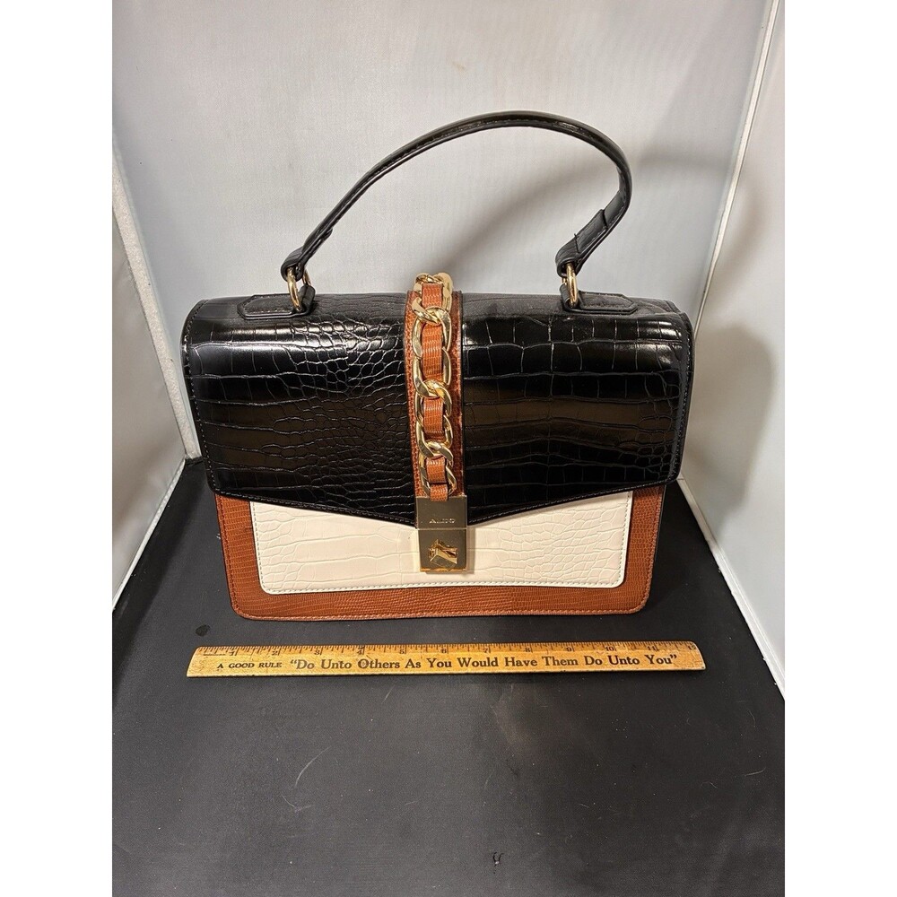 ALDO Top Handle Faux Croc Skin Flap Purse, Gold Chain Detail + Lock